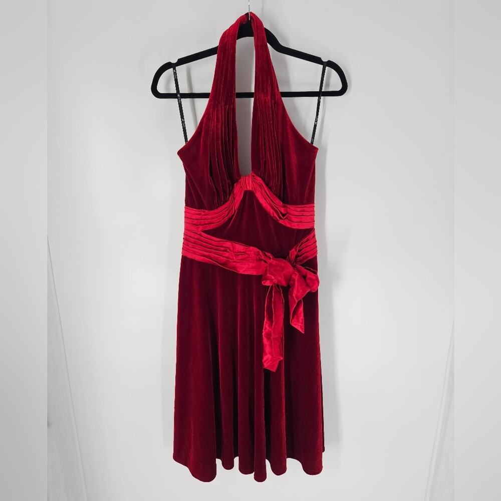 Tadashi Shoji Red Velvet V Neck Halter Midi Dress M